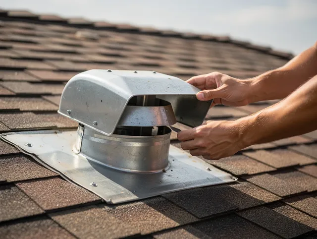 Yucaipa Dryer Vent Cleaning certified technician safely cleaning a roof-mounted dryer vent in Yucaipa